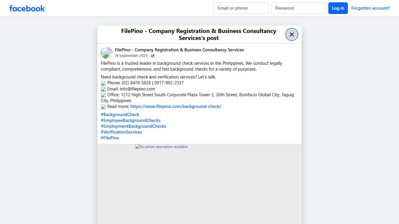 FilePino is a trusted leader in background check services in the Philippines. We conduct legally compliant, comprehensive, and fast background checks for a variety of purposes. Need background check and verification services? Let’s talk. ☎️ Phone: (02) 8478-5826 0917-892-2337 📧 Email: info@filepino.com 🏣 Office: 1212 High Street South Corporate Plaza Tower 2, 26th Street, Bonifacio Global City, Taguig City, Philippines 🌏 Read more: https://www.filepino.com/background-check/ #BackgroundCheck #Emp