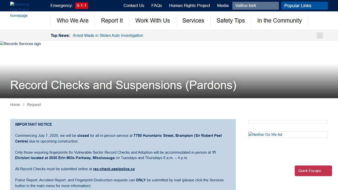 Record Checks and Suspensions Pardons - Peel Regional Police